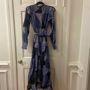 Sezane Selma patchwork blue geometric dress size 34